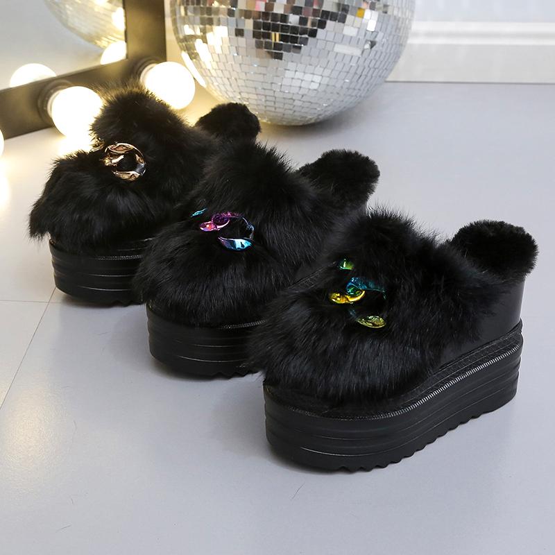 Slim Women's Slim Slippers Wedge Water Diamond Inner Elevated Thick Sole Shoes Women's Autumn and Winter Shoes Fur Plush Fashion