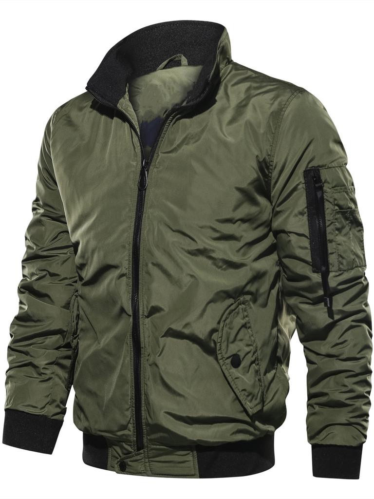 Men Stand Collar Bomber Jacket Zip Up Solid Color Casual Flight Coat