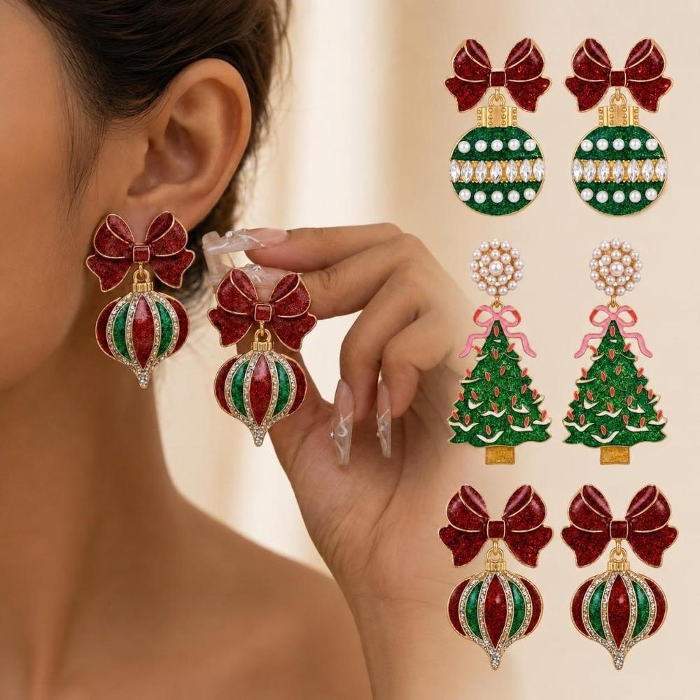 1 pair Simulated Pearl Christmas Drop Earrings Glitter Finish Holiday Jewelry Women