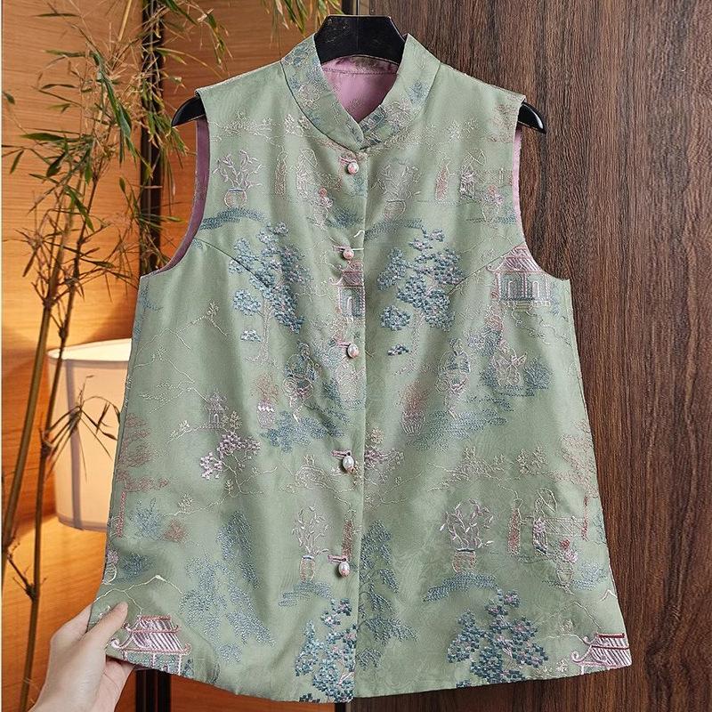 Vyšívaná vesta, oblek Tang, čínský styl, jarní a letní nový styl čínský oděv etnický styl spona s koněm retro vesta čínské topy pro ženy