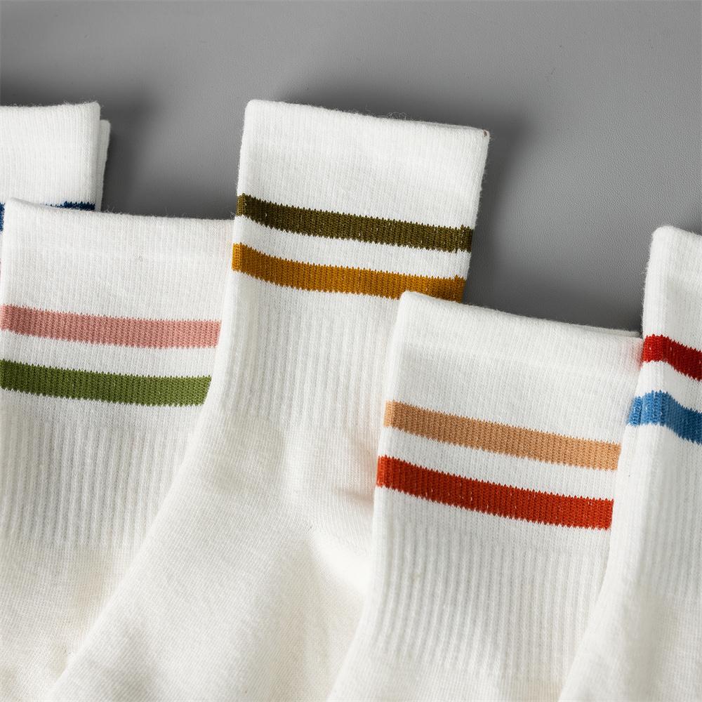 5 pairs of spring and summer pure white striped college style socks