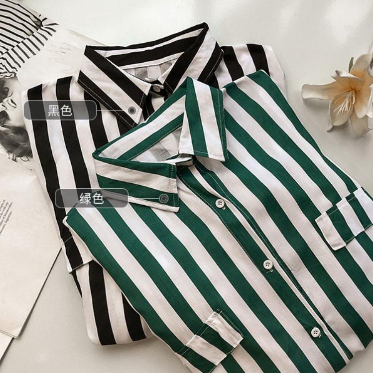 Plus Size Casual Office Lady Women Clothing Korean Pocket Turn Down Collar Striped Shirt Blouses Long Sleeved Top