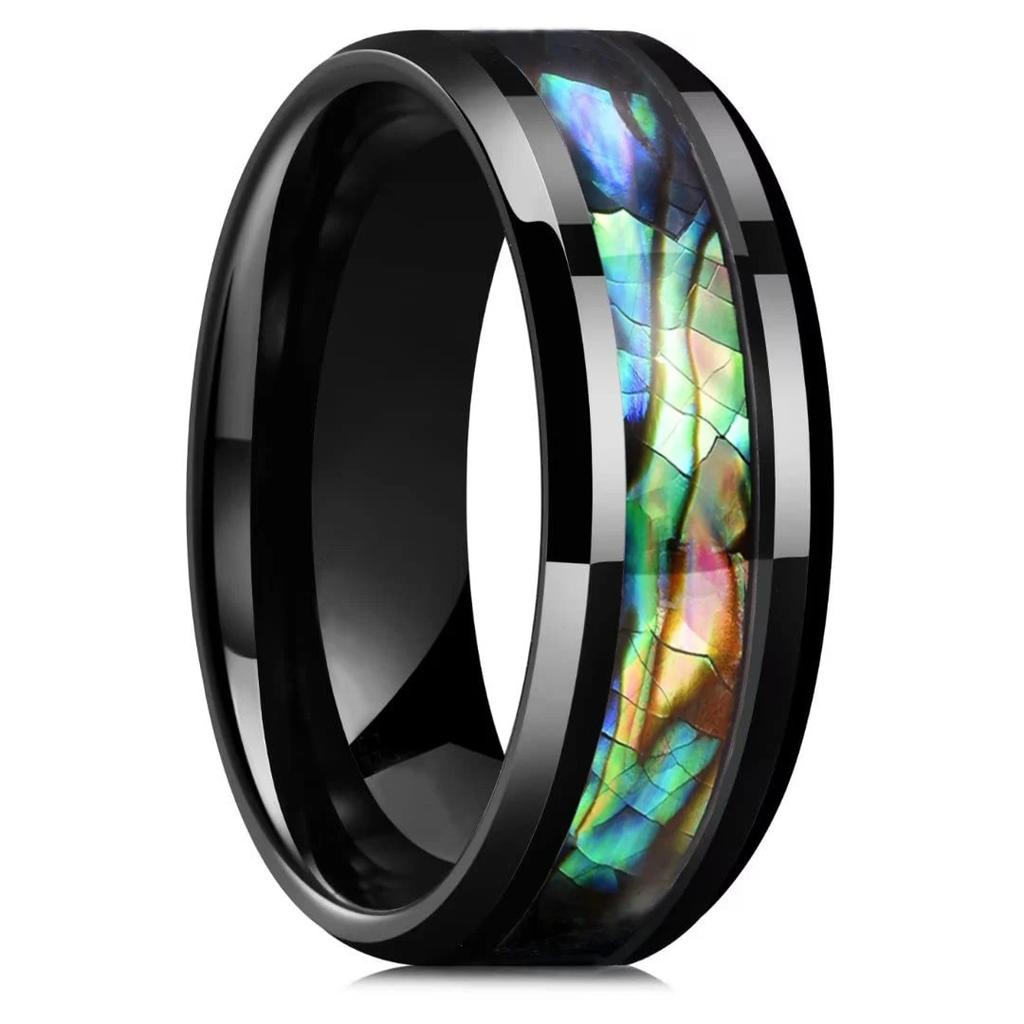 Fashion 8mm Men Black Stainless Steel Rings Inlay Rainbow Abalone Shell Rings For Men Women Wedding Band Jewelry Drop Shipping