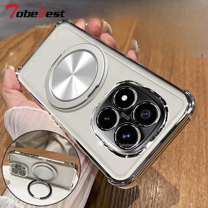 360 Degree Rotating Magnetic Bracket Phone Case For Xiaomi Redmi Note 15 Pro Plus 15C 15 4G 5G Clear Shockproof Plating Cover