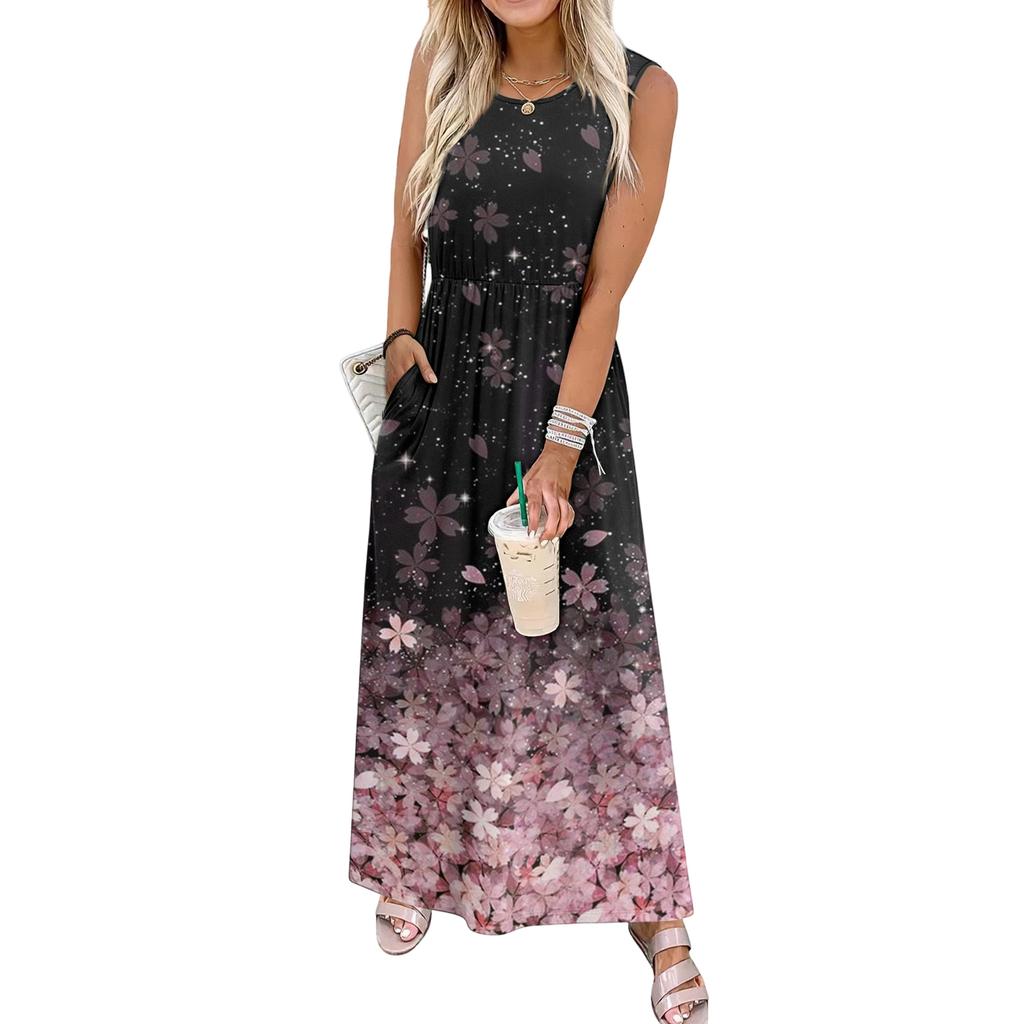 Ladies' Floral Print Casual And Fashionable Waist Cinched Sleeveless Dress