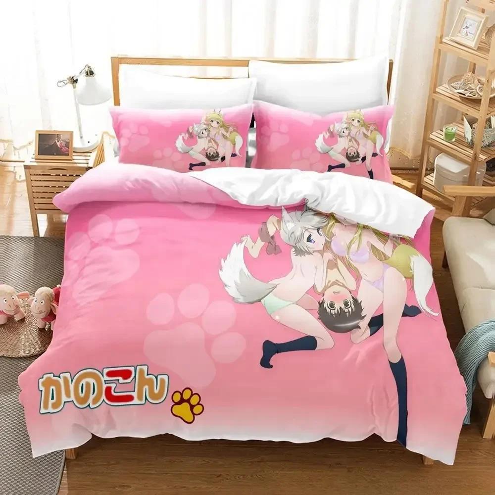 3D Anime Kawai Young Girls Kanokon Beding Set Printed Bed Linen Set With Pilowcase Soft Duvet Cover Soft Single Double Quen Super King-Sized Dimension