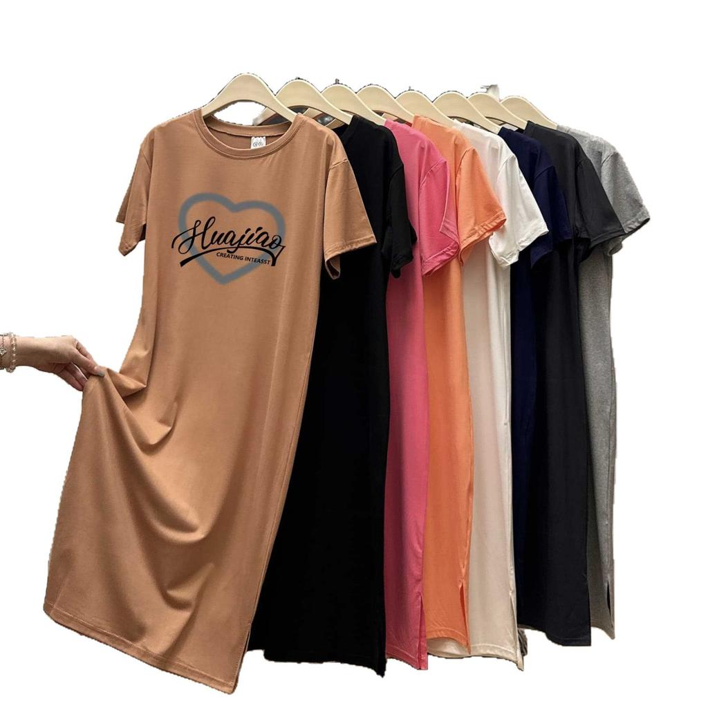 A Loose, Large-sized, Hong Kong-style Design Short-sleeved, Mid-length, Slit T-shirt Dress for Women In Summer