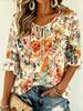 Women Round Neck Tie 3/4 Ruffle Sleeve Blouse, Large Peony & Leaf Print, Soft Style Top for Trip & Dating