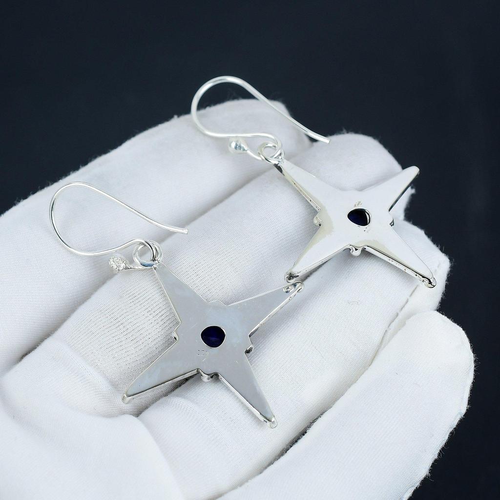 Erstaunliche Ohrringe mit blauem Saphir-Edelstein in Sternform, 925er Sterlingsilber-Ohrring, handgefertigter Boho-Silberschmuck, Hängeohrringe, Geburtstagsgeschenk