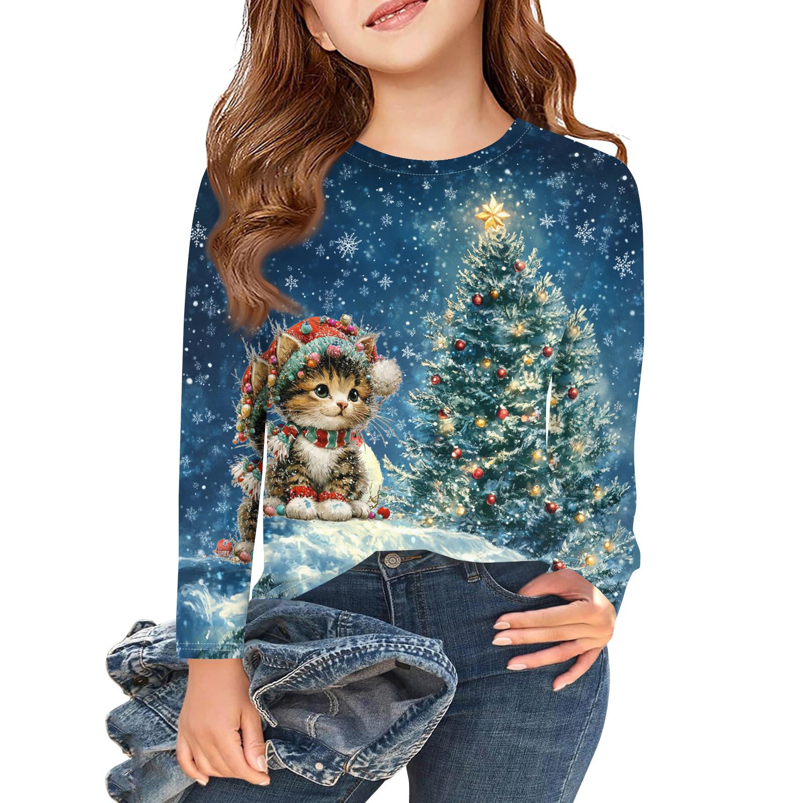 

Рождественские футболки с длинным рукавом для девочек, детские осенние топы с круглым вырезом и принтом, базовые футболки 150