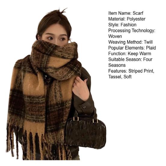 Winter Scarf Cashmere Feel Plush Scarf with Tassel Decoration Thickened Warm Plaid Pattern Winter Long Scarf