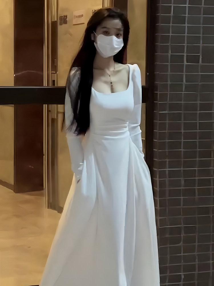 Women s White Long-Sleeved Spaghetti Strap Dress - Spring/Autumn 2026 Petite High-End Waist-Cinched Skirt XS (80-100 lbs)