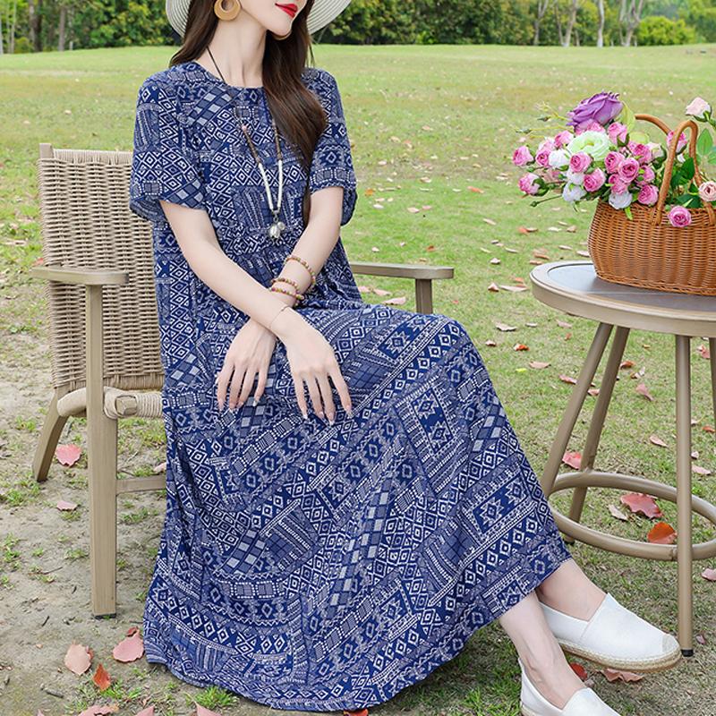 Casual zomerjurken voor dames, vintage kleding, losse korte mouwen, elegante lange jurk in grote maten