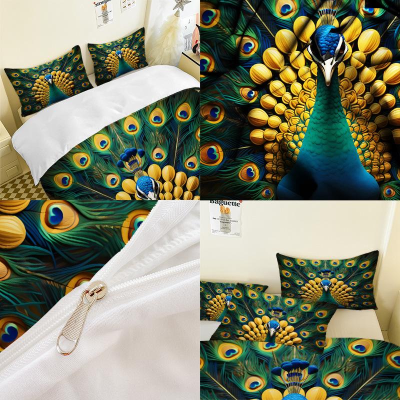 Peacock Series 3D Digital Printing Three-Piece Bedding Kit Bed Sheet Quilt Cover