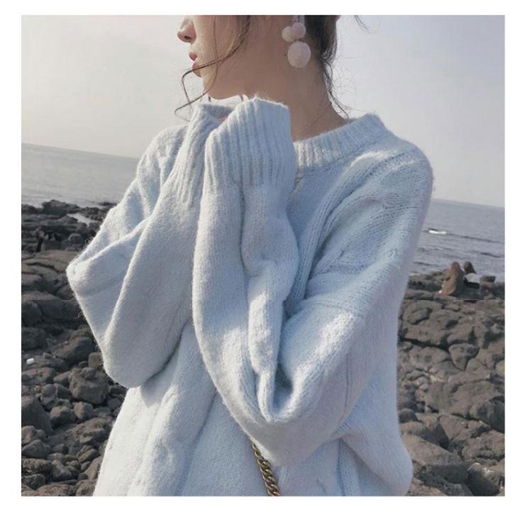 Damen Weicher Blauer Fufu Pullover: Lockerer, wachsartiger Strickpullover für Herbst und Winter