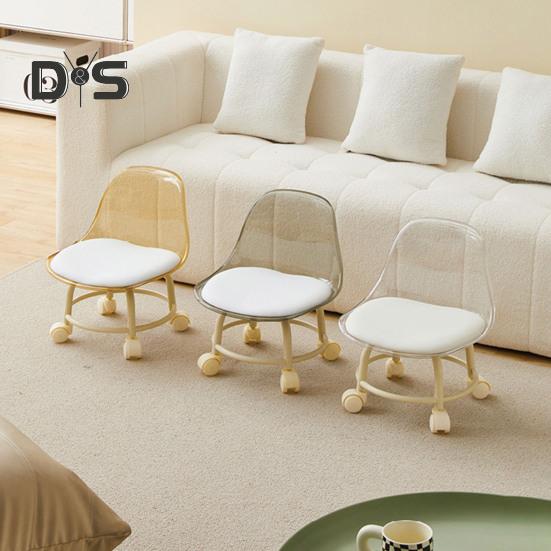 Acrylic Low Stool with 360 Degrees Swivel Wheels Faux Leather Cushion Roller Seat with Backrest Heavy Duty Rotating Mini Chair Seating Stool