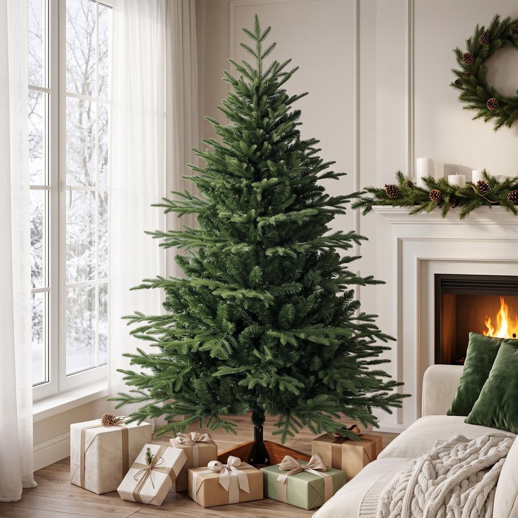 150cm Artificial Christmas Tree Full Hinged Xmas Tree Solid Pine Wood Stand, Green