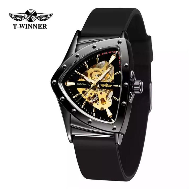 Mens Fashion Casual Automatic Mechanical Watch With Hollow Triangle Dial Heart Shape Stainless Steel Buckle
