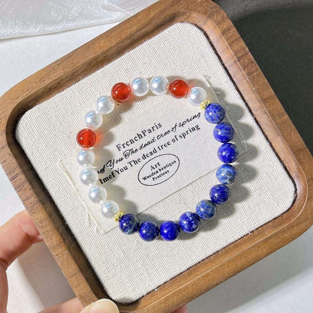 8Mm Natural Lapis Lazuli Chalcedony Artificial Crystal Pearl Design Bracelet Bracelet