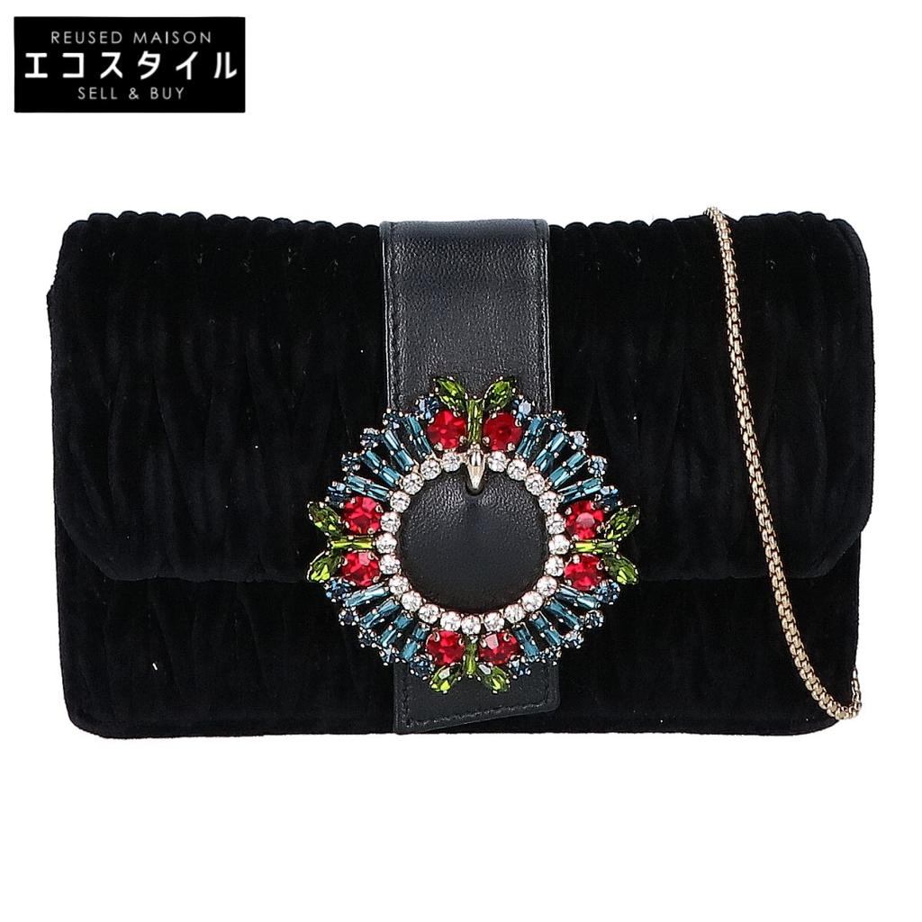 MIUMIU 5BH095 Velour Matelasse Multi-Jeweled Flap 2-Way Clutch Bag Chain Shoulder bag Black/GDHardwareUsed