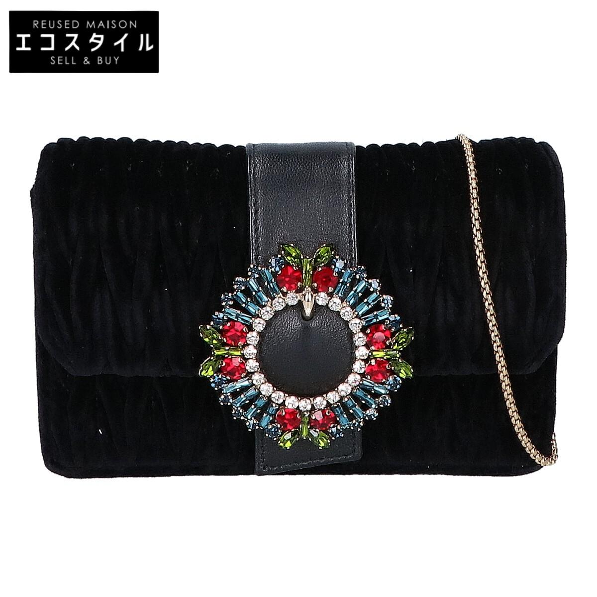 

MIUMIU 5BH095 Velour Matelasse Multi-Jeweled Flap 2-Way Clutch Bag Chain Shoulder bag Black/GDHardwareUsed