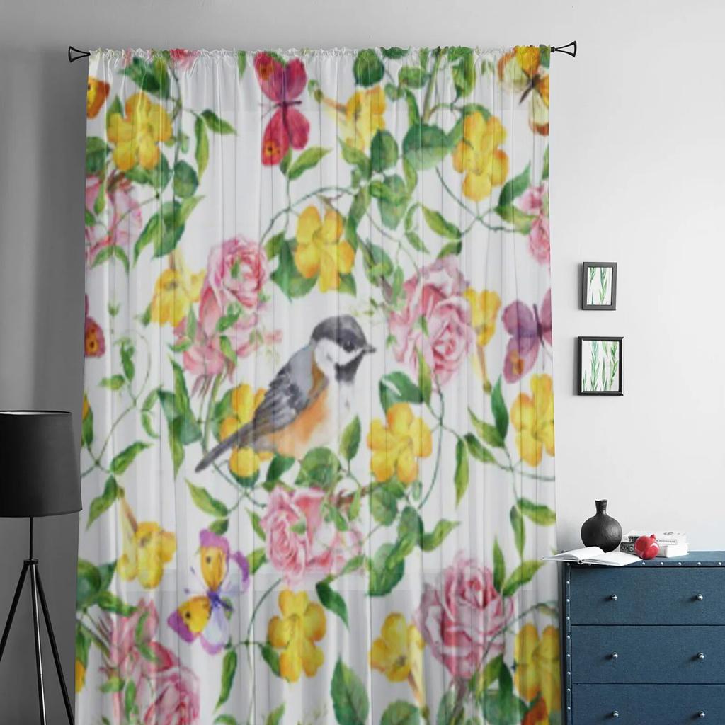 Yellow Flower And Butterfly Sheer Curtains For Living Room Modern Fashion Valance Curtains For Kitchen Tulle Curtains