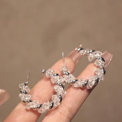 Twisted Winding Glass Beads C-shaped Stud Earrings Korean Version Light Luxury Versatile Earrings Ins Fashion Trend Temperament Earrings