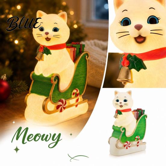 Christmas Cat Night Light Sleigh Light Synthetic Resin Decorative LED Indoor Party Decor USB Powered Lighted Figurine for Festive Holiday Cute Animal