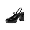 3359-21 Fairy wind square head patent leather thick heel Mary Jane single shoes new word with shallow mouth high heels women's shoes
