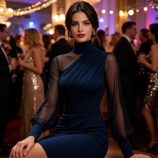 Women's Mesh Sheer Long Sleeve Mini Dress, Ruched Bodycon Mock Neck Party Cocktail Dress, Formal Wedding Guest Evening Gown