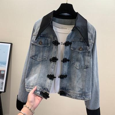 Vintage Disk Buckle Denim Coat Women Top Spring New Loose Everything Senior Sense Small Jacket Tooling Top Tide Solid Color