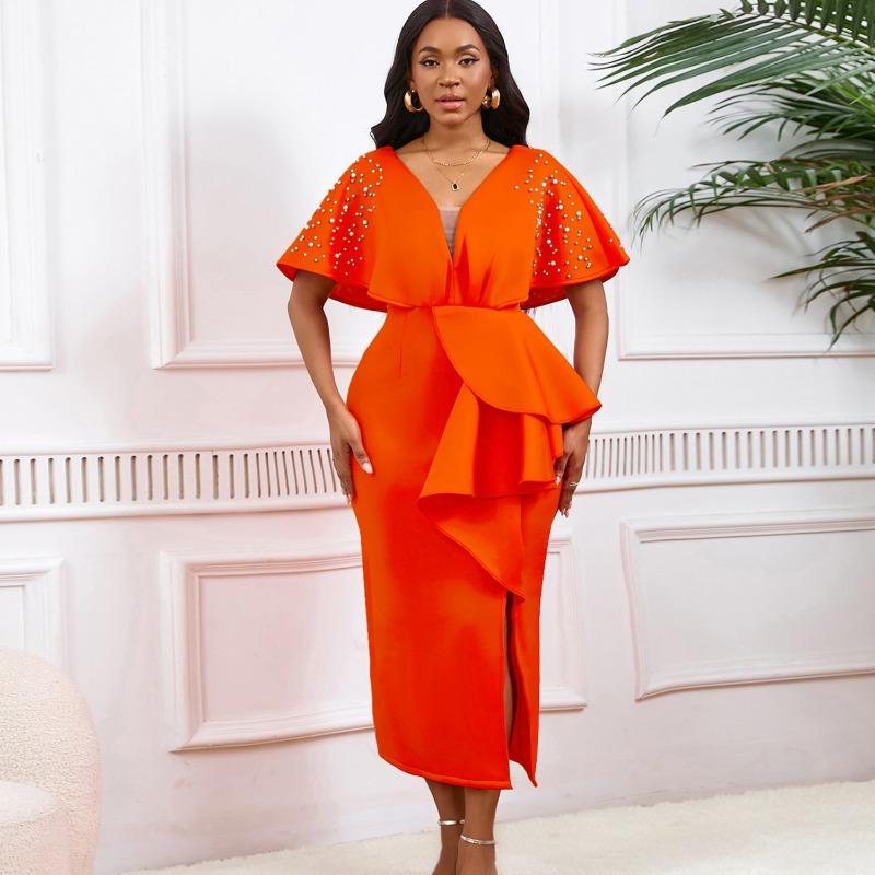 Summer Sexy V-Neck Lotus Leaf Split Bead Party Dress Celebrity Temperament Banquet Dress