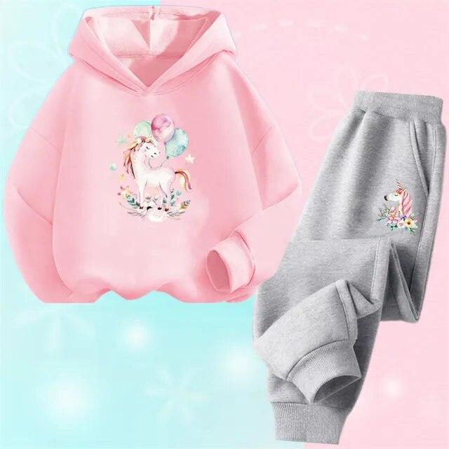 Spring Fall Girls Unicorn Sport Clothing Set Kids Outfits Hoody Sweatershirt Pants Children Fashion Thin Tracksuit