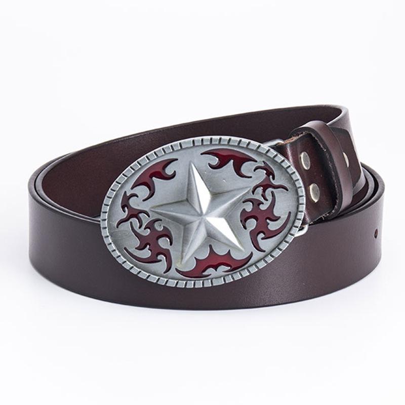 Pentagram Men's Cowhide Belt - Retro Smooth Buckle, Wide 130cm Decorative Trouser Belt