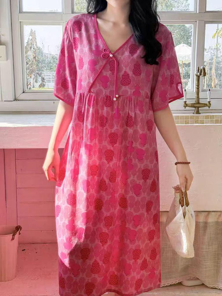 2026 Women's Lyocell Cotton Nightgown - Summer Short Sleeve, Outdoor & Homewear, New Chinese Style, Plus Size