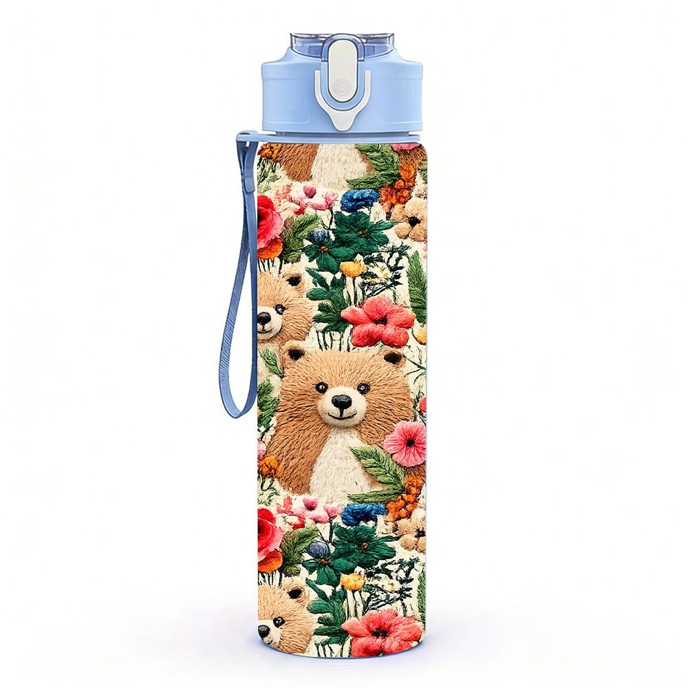 1PC Bear Floral Mix Print 750ml Color Plastic Sports Water Bottle Leakproof Flip Straw Lid Suitable for Sports Office Home Use