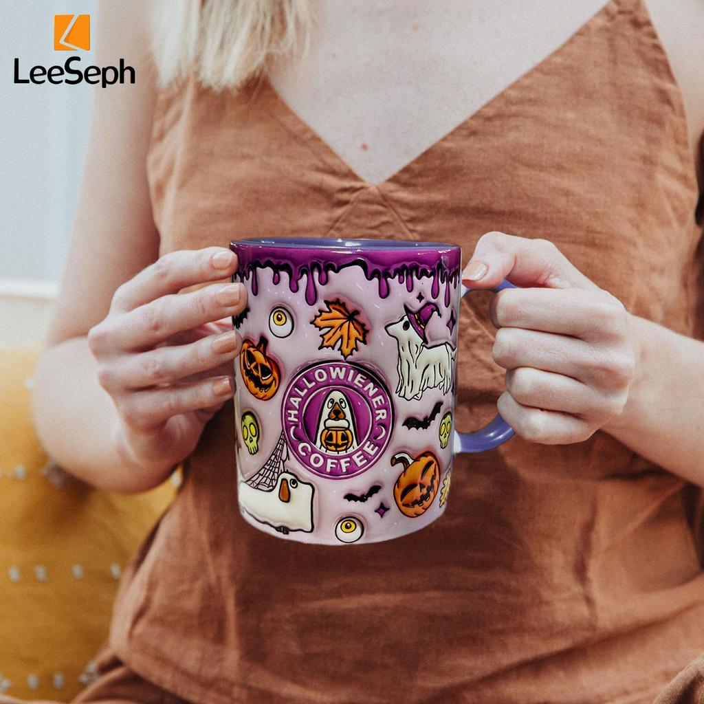 Leeseph 3D Effect Halloween Mug, Trick or Treat Halloween Pumpkin Ghost Ceramic Coffee Mug, Coffee Lover Halloween Decor Gift