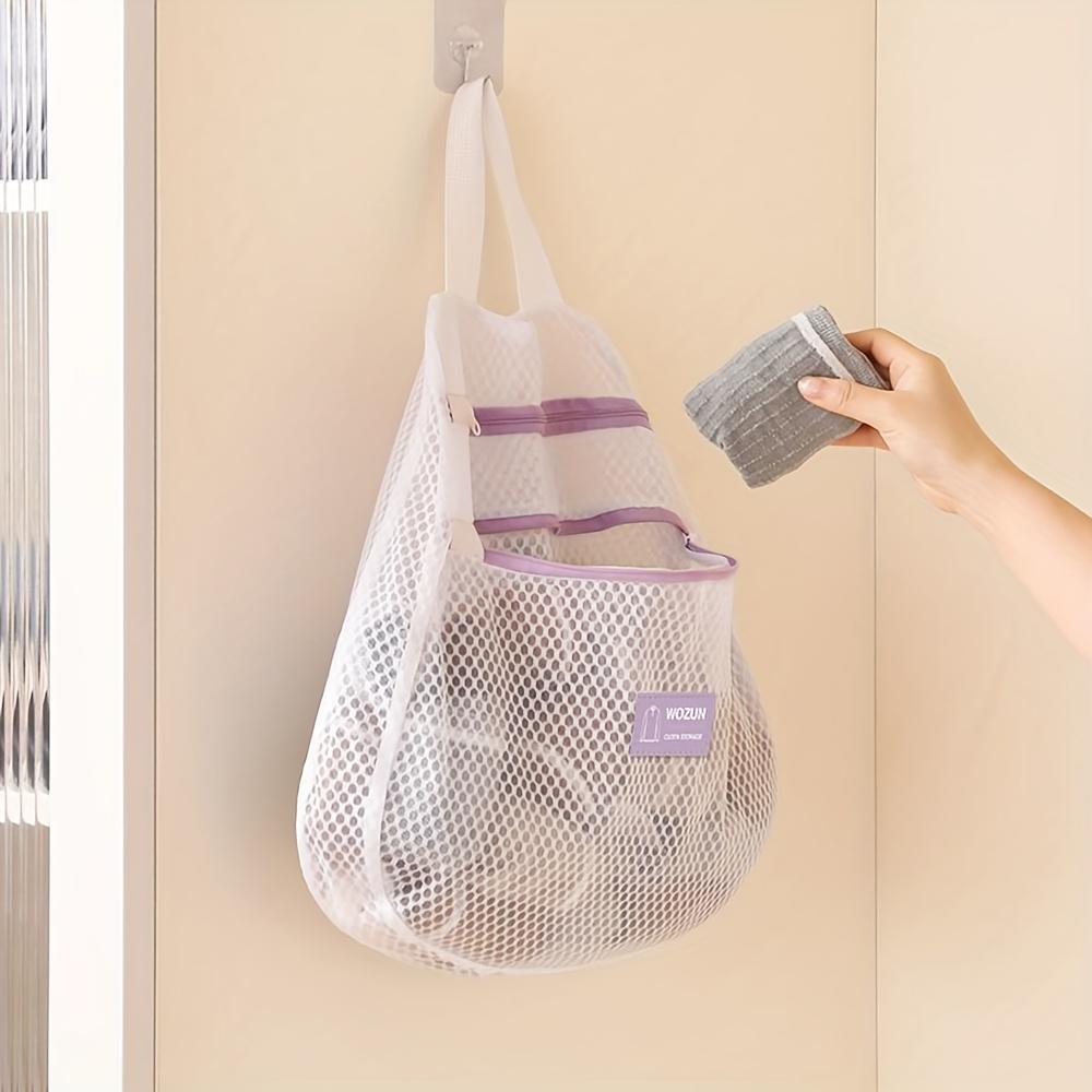 1pc Double Layer Multipurpose Polyester Laundry Bag, Oval Shaped Woven Storage Net with Zipper Closure, Reinforced Handle, Breathable Mesh for Socks