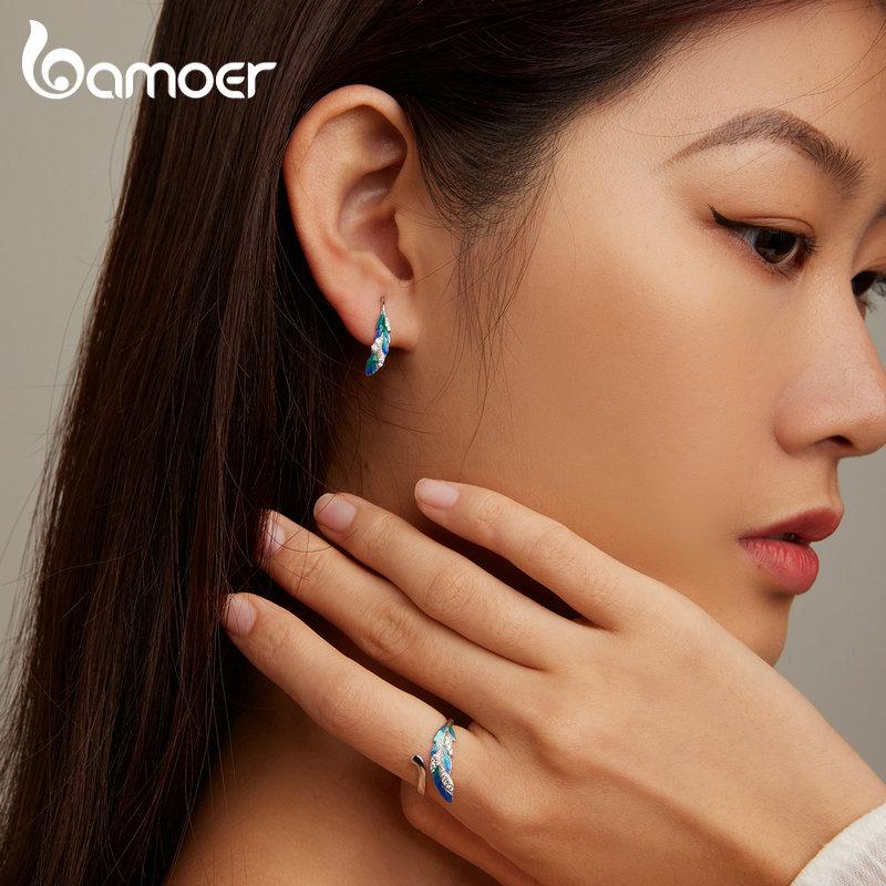 BAMOER 925 Sterling Silver olśniewający niebieski pióro otwarty pierścień i kolczyki zestaw biżuterii utorować ustawienie CZ dla kobiet Chic Fine Jewelry