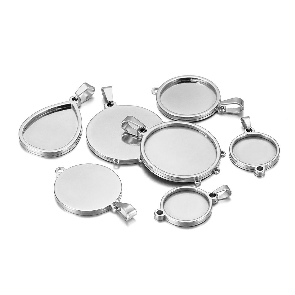 5Pcs Stainless Steel 18*25mm Drop Cabochon Cameo Base Setting Charms Round 15mm Connectors Pendant Necklace Jewelry Findings