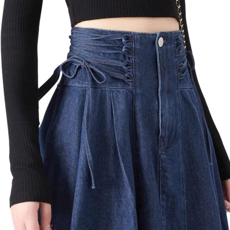 

Весенне-осенняя женская модная джинсовая юбка больших размеров с высокой талией, повседневная юбка миди А-силуэта XL 【115-125】