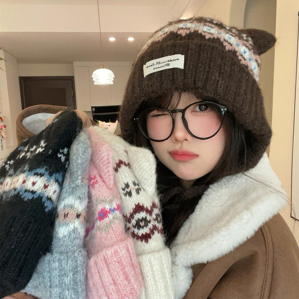 Cute Cat Ears Fleece Knitted Hat Women'S Autumn And Winter Thickened Warm Ear Protection Lei Feng Hat Shows Small Wool Hat