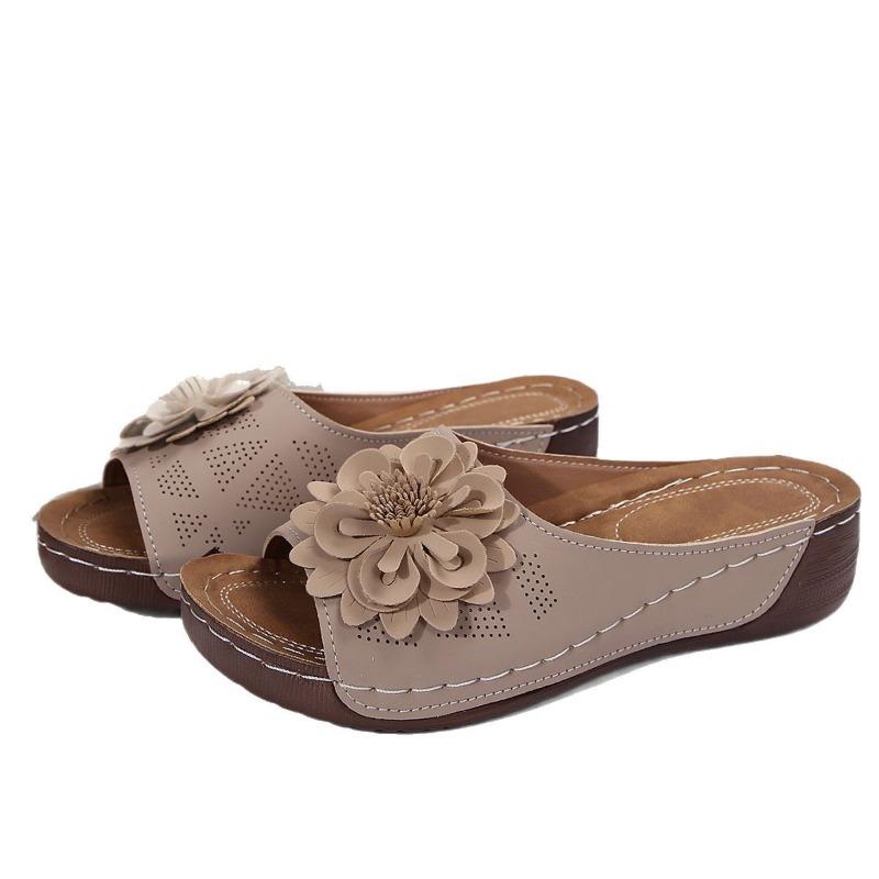 Women’s Floral Open-Toe Wedge Sandals, Large Size Summer Slip-On Slides