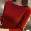 Women Knitting Tops Bateau Collar Long Sleeve Slim Fit Pullover Tops Solid Color Stretchy Bottoming