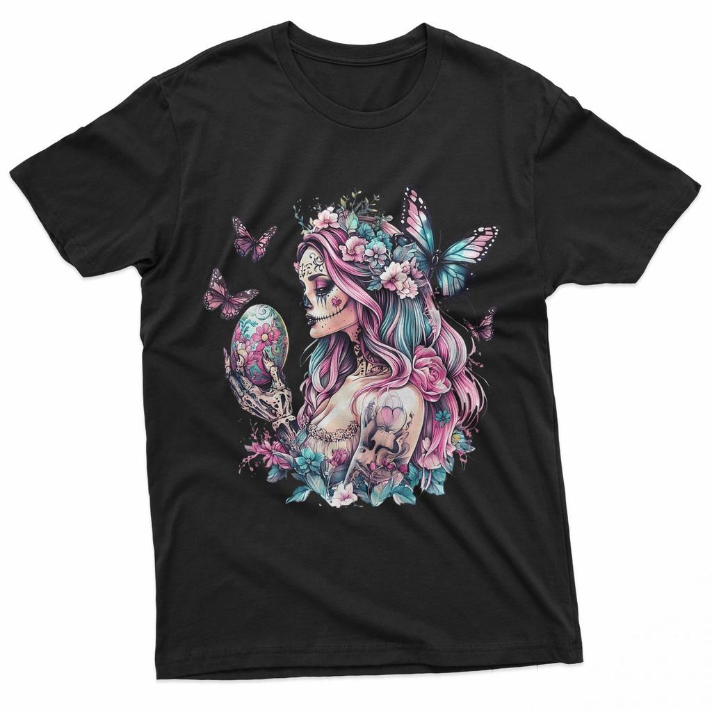 Floral Sugar Skull Girl Goth Shirt Occult Butterfly Hippie T-Shirt Unisex T-Shirt