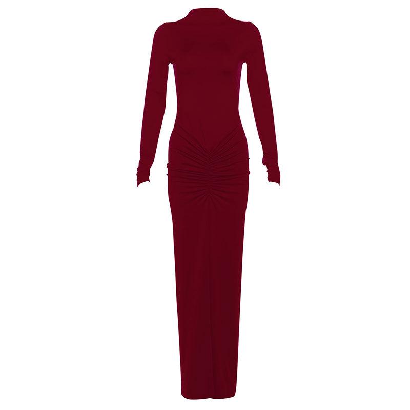 AC610 European & American Style Sexy Waist-Cinching Slim Solid Color Pleated Long Dress