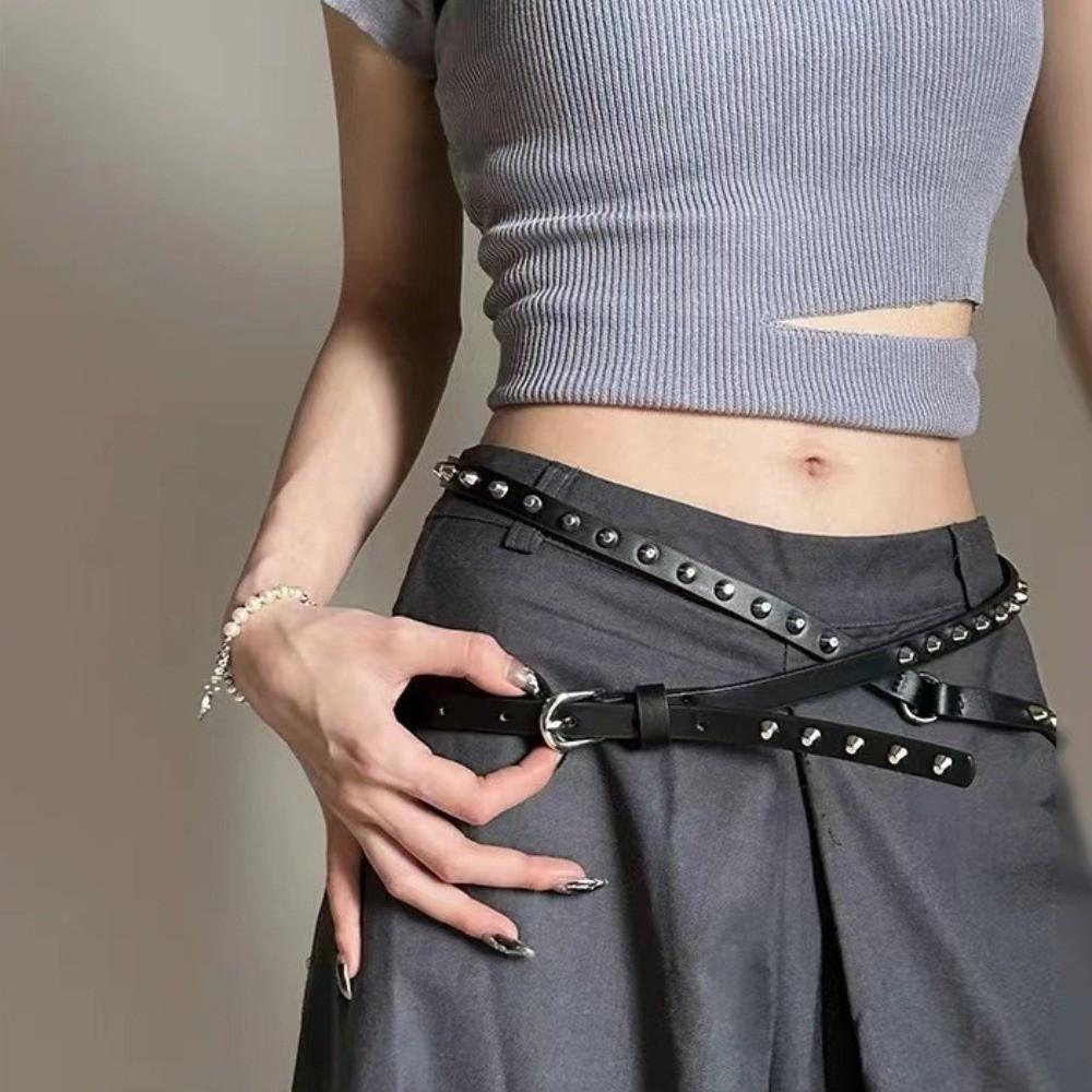 Thin Leather Waist Belt Double Loop Dress Jeans Belt Simple Women's Rivet Belt  Waist Accessories