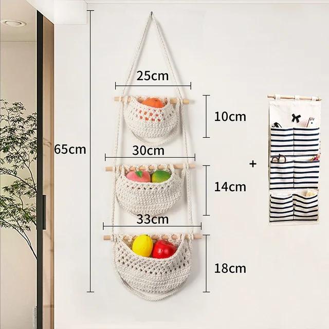 3 Pack 3 Tier INS Macrame Hanging Baskets Handmade Woven Wall Bag Kitchen Wall Mount Fruit Storage Household Food Organizer Rack