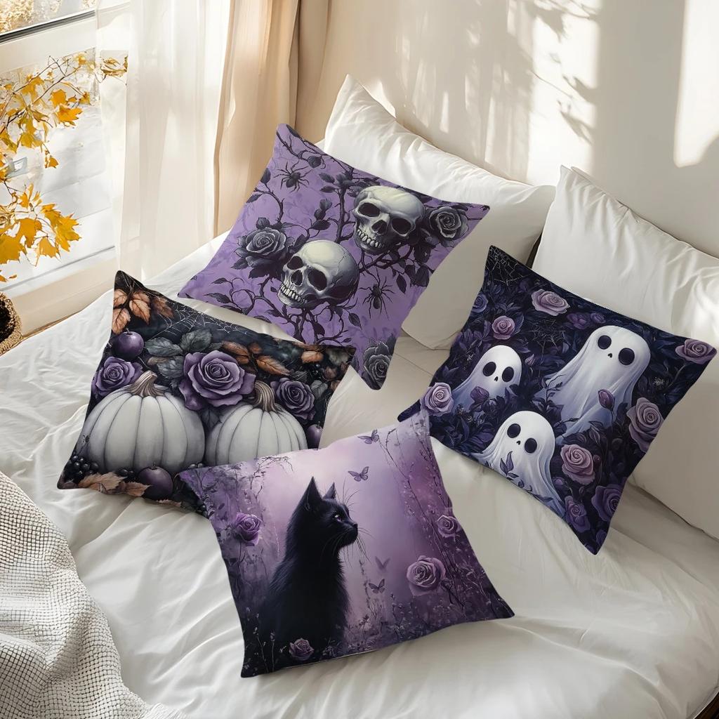 Home Decor Halloween Themed Skull & Ghost Pillow Covers Pattern Cushion Cover Suitable For Sofa Bedroom Car Pillow Cover