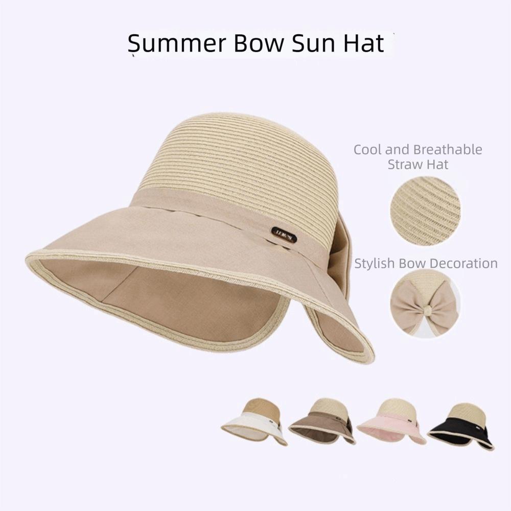 Weave Women Sun Hat Large Bow Sunscreen Bucket Hat Portable Straw Hat  Travel